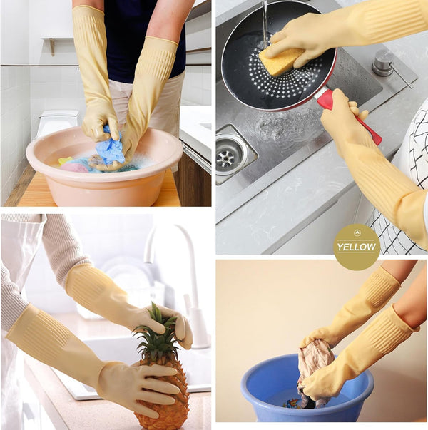 Bamllum 3 Pairs of Rubber Dishwashing Gloves for Kitchen and Household Cleaning Ã¢ÂÂ Long Cuff 15", Reusable, Flexible Long-Lasting and Non-Slip
