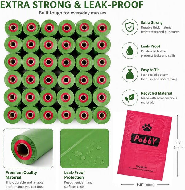 Poop Bags for Dogs, 540 Count Dog Bags for Poop, Unscented 36 Running Low Indicate Rolls, Thick Doggy Bag by PobbY 540 Indicate Bags