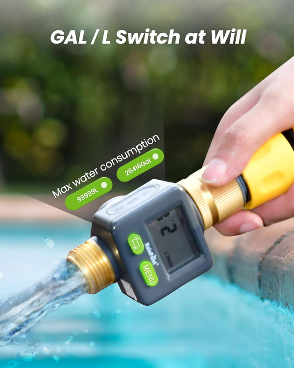RAINPOINT Water Flow Meter with Brass Inlet & Outlet, 180° Screen-Flip Water Meter, Measure Gallon/Liter Consumption for RV Filling, Garden