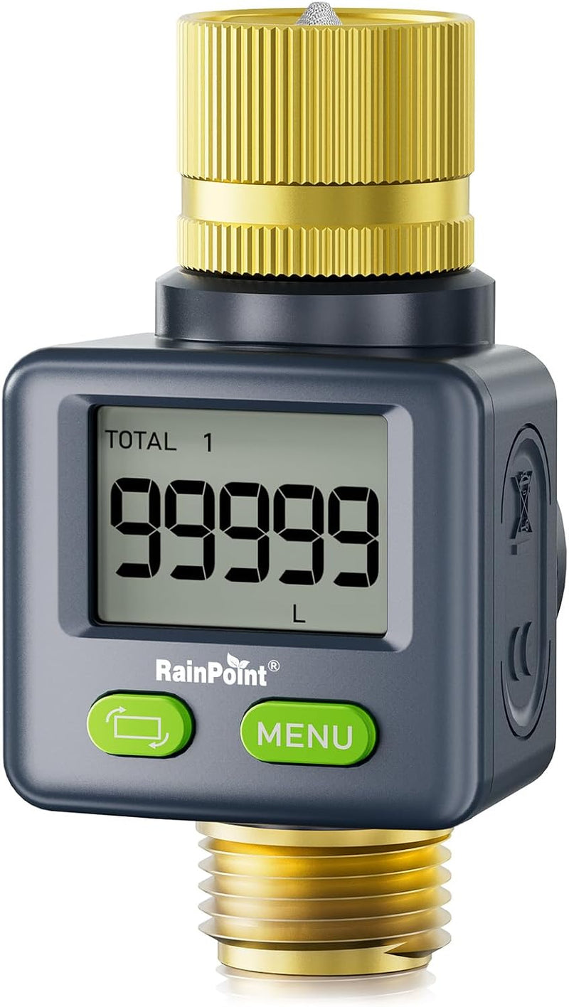 RAINPOINT Water Flow Meter with Brass Inlet & Outlet, 180° Screen-Flip Water Meter, Measure Gallon/Liter Consumption for RV Filling, Garden