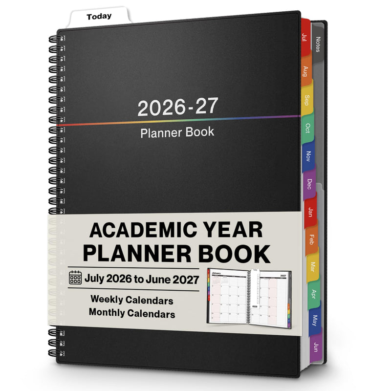 Dunwell Large Planner 2025-2026 Academic Year, 8.5 X 11 Daily Planner July 2025 - June 2026, Black Calendar Book with Colorful Tabs, Bookmark,