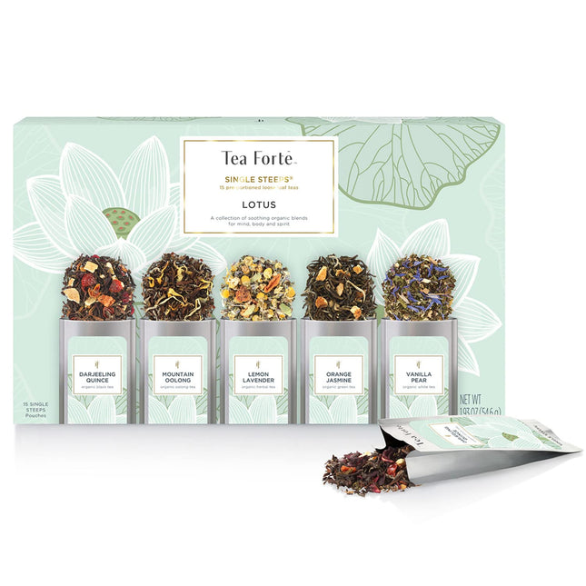Tea Forte Lotus Single Steeps Loose Leaf Premium Tea Gift Set Sampler, 15 Count 