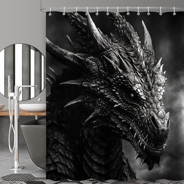 Dragon Shower Curtain for Bathroom, Black and White Boho Shower Curtain Set, Ani