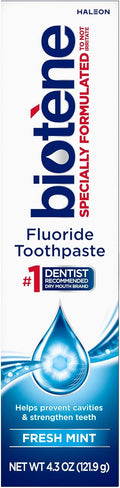 Biotene Fluoride Toothpaste for Dry Mouth Symptoms, Bad Breath Treatment and Cavity Prevention, Fresh Mint - 4.3 oz 4.3 Ounce (Pack of 1)