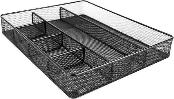 Amazon Basics Metal Mesh Desk Organizer with 6 Compartments, Anti-Slip Pen Holder Storage Tray for Office Supplies and Home, Black 1