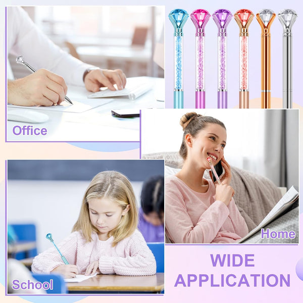 6 Diamond Pens with Crystal Top, Bulk with Black Ink Refill, for Office, School, Home