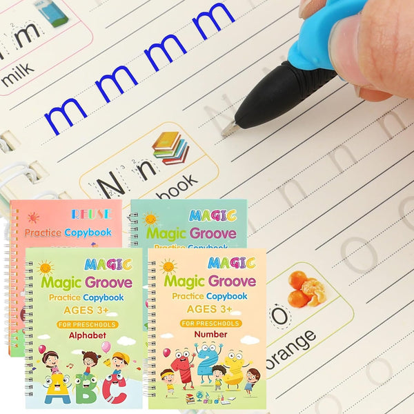 4 Pc Groove Writing Books for Kids,Magic Groove Practice Copybook,Reusable Grooved Handwriting Workbooks,Writing Books for Kids Age 3-5 Calligraphy