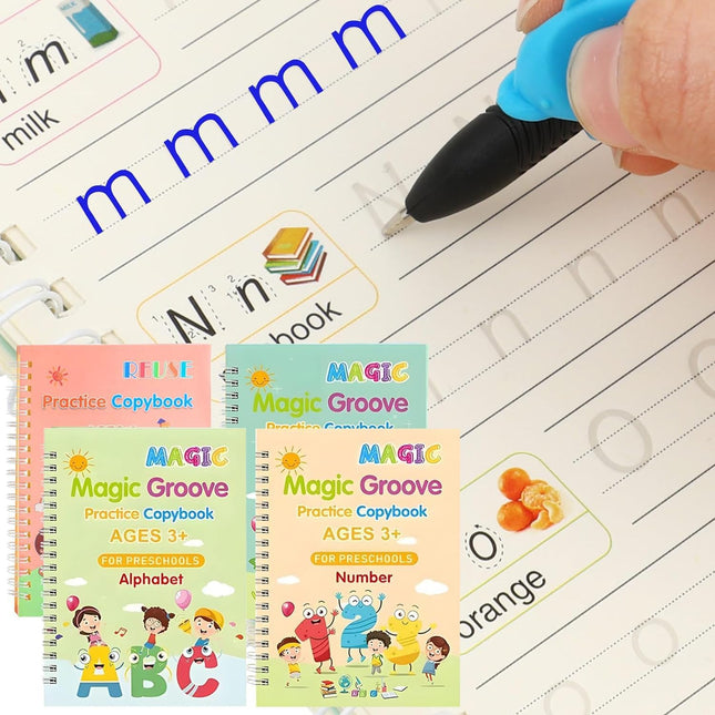 4 Pc Groove Writing Books for Kids,Magic Groove Practice Copybook,Reusable Grooved Handwriting Workbooks,Writing Books f