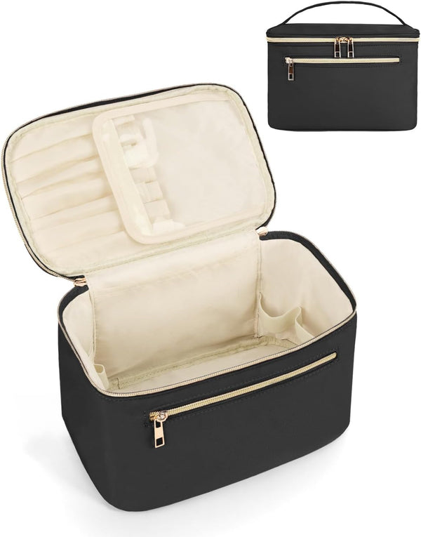 Wandering Nature Large Makeup Bag, Travel Make up Organizer Cosmetic Brush Bags Case for Women in Fabric,Black,Patent Pending