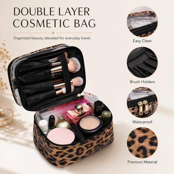 Double-layer Cosmetic Bag Makeup Bag Travel Makeup Bag Makeup Bags for Women Cosmetics Cases Portable Waterproof Foldable (Leopard) 00-Brown