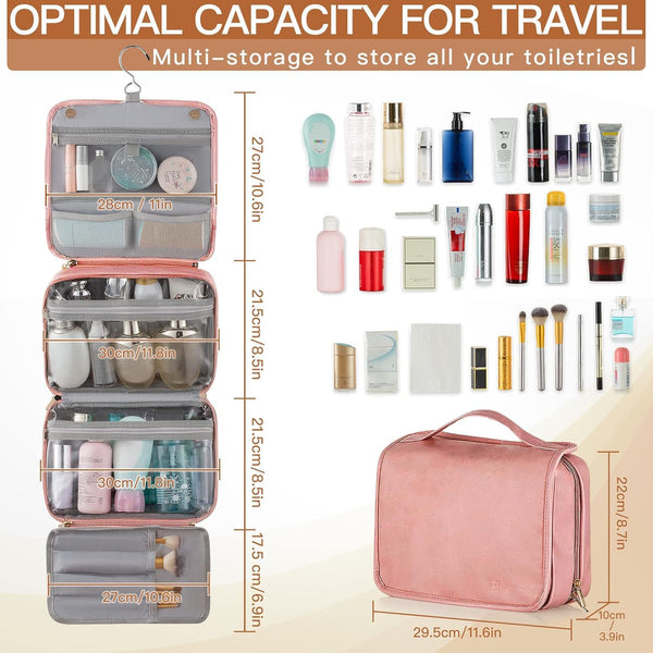 Elviros Hanging Travel Toiletry Bag for Women, 3-in-1 Large Makeup Bag and Cosmetic Organizer, Vegan Leather Waterproof Skincare Case for Travel