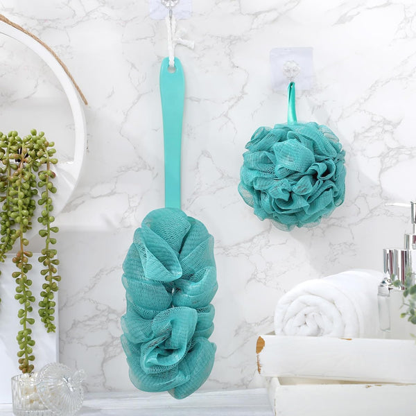 Sunnyray 4 Pack Back Scrubber for Shower and Shower Loofah Sponge Set, 50G Shower Loofah Poufs, Loofah Body Scrubber with Long Handle, Loofah on a