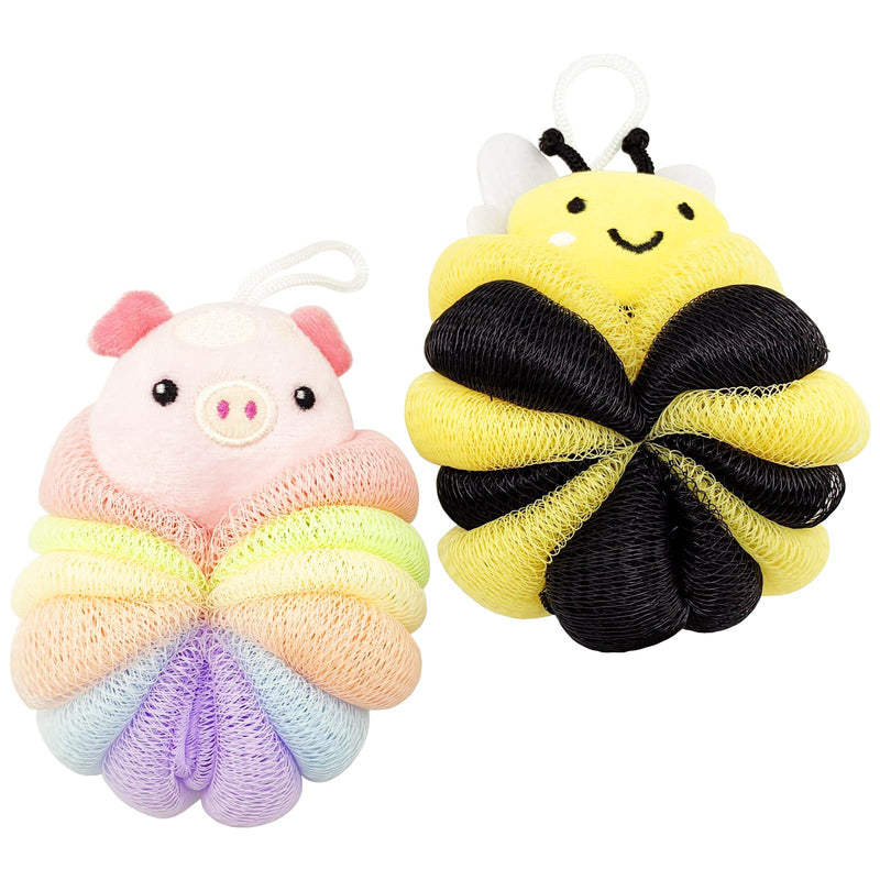 Bath Sponges 2Pieces Cute Cartoon Animal Bath Loofahs Pouf Mesh Balls Body Scrubber Bathing Accessories Gifts for Women (Bee + Pig)