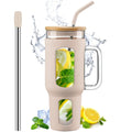 Glass Tumbler with Lid and Straw, 46 Oz Iced Coffee Cup with Handle, Glass Water Bottles with Silicone Sleeve, Glass Cup with Straws - Pearl Straw
