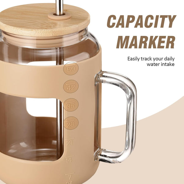 WINSA 50 oz Glass Water Bottles, Amber | Glass Tumbler with Lid and Straw, Iced Coffee Cup with Handle, Silicone Sleeve, BPA Free 50 Ounces Amber