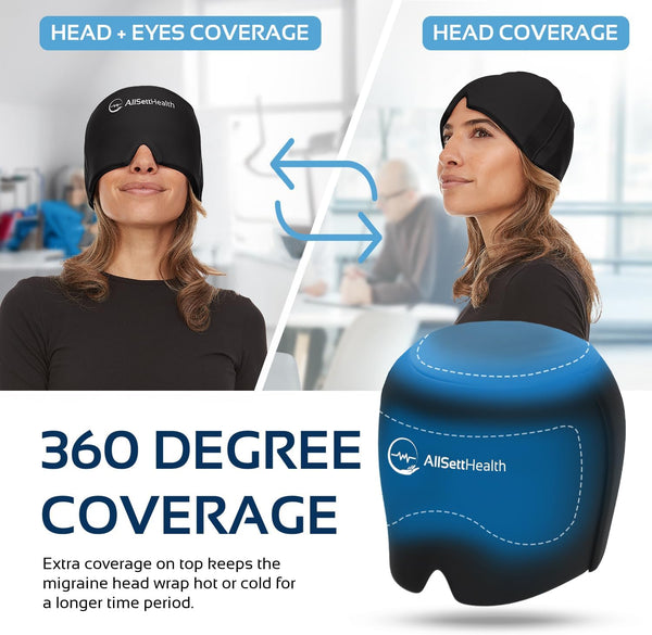 Migraine Relief Cap Ice Head Wrap and Hat | Hot/Cold Gel Pack with Face and Eye Mask Compress for Headache Relief - Black - FSA HSA Eligible