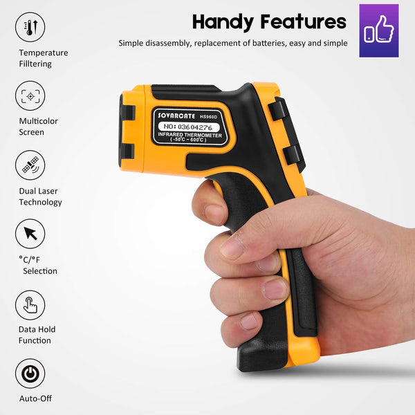Infrared Thermometer Non-Contact Digital Laser Temperature Gun -58℉～1112℉(-50℃～600℃) Adjustable Emissivity IR Temp Gun - for Cooking, BBQ, Food,