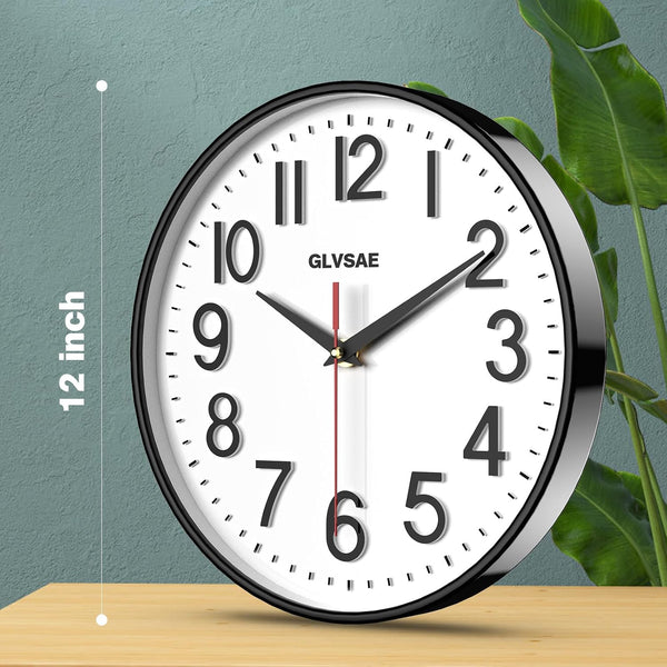 GLVSAE Wall Clock 12 Inches Non-Ticking Wall Clocks Battery Operated Large Easy to Read with Stereoscopic Dial Ultra-Quiet Movement Quartz for