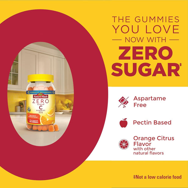 Nature Made Zero Sugar Vitamin C Gummies 250 Mg per Serving, Immune & Antioxidant Support, Aspartame Free, 100 Sugar Free Gummies, 50 Day Supply