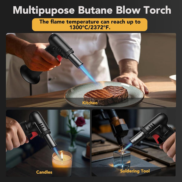 Sondiko Butane Torch, Refillable Soldering Torch with Visible Fuel Window Black 1-Pack