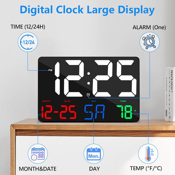 Digital Wall Clock,11.5" LED Digital Alarm Clock Large Display,With Remote Control,Adjustable Brightness, Calendar, Temperature, Snooze, 12/24 H,