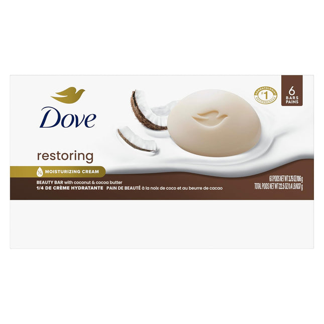 Dove Beauty Bar Soap Restoring Coconut & Cocoa Butter 6 Count for Restored Skin,