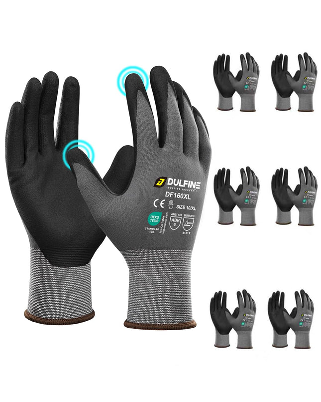 DULFINE Safety Work Gloves Microfoam Nitrile Coated-6 Pairs Pack,Seamless Knit N