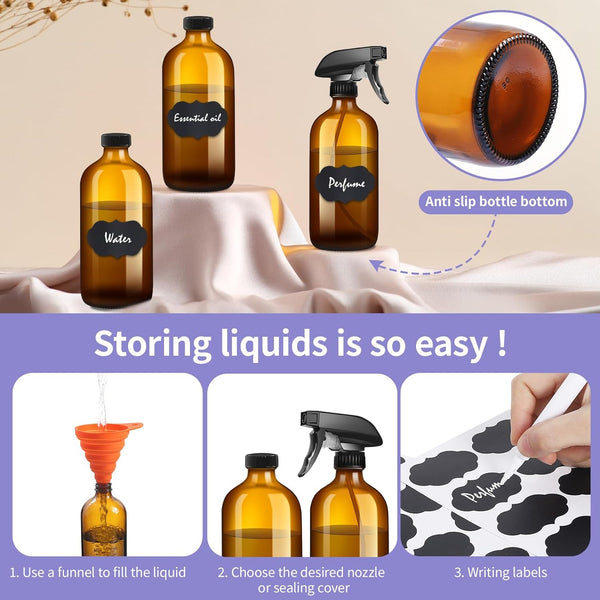 9 Pack Glass Spray Bottle 16Oz, Empty Amber Spray Bottle Refillable Container for Essential Oils,Cleaning Products,Aromatherapy Spray Device