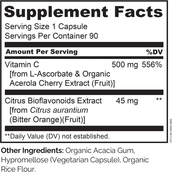 NATURELO Vitamin C with Organic Acerola Cherry Extract and Citrus Bioflavonoids - Vegan Supplement - Immune Support - 500 Mg VIT C per Cap -