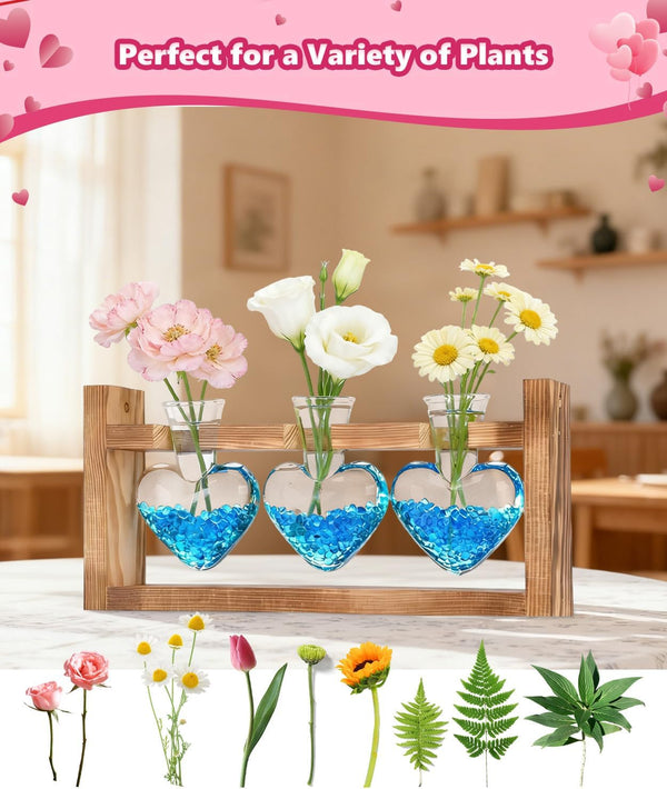 Nacome Plant Terrarium with Wooden Stand, 3 Heart Bulb Glass Vases Transparent