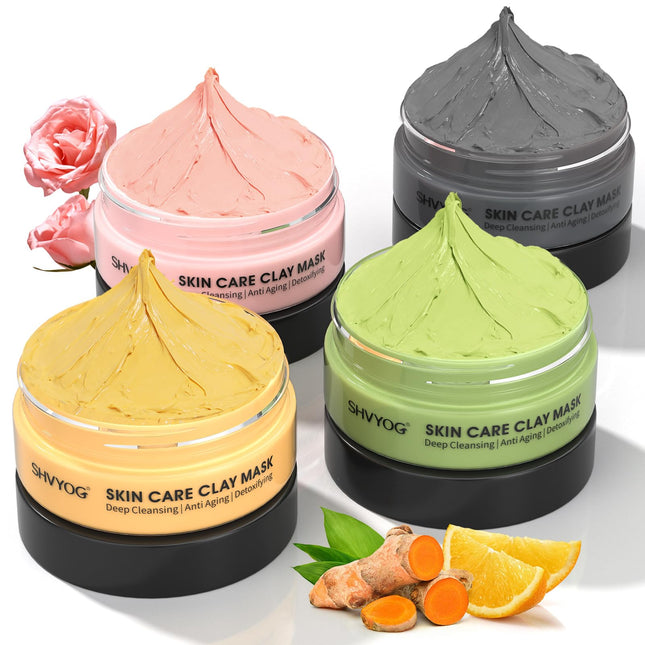 4 Pcs Clay Facial Mask Set - Turmeric, Vitamin C, Green Tea, Dead Sea Mud, and Rose Clay Skin Care Mask for Deep Cleansi