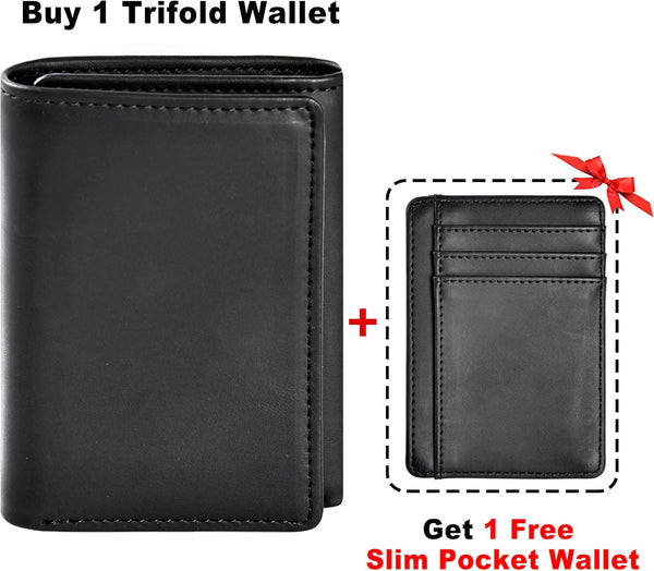 Trifold Wallet for Men, Leather Wallets with 8 Card Slot and 2 Money Pocket and 1 Clear Photo Slot + 1 Minimalist Leather Card Pocket with 6 Card