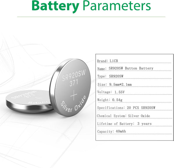LiCB 20 Pack SR920SW 371 370 AG6 Battery 1.5V Button Cell Watch Batteries 10 Count (Pack of 2)