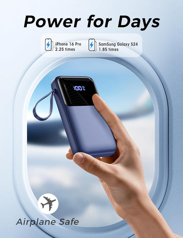 Portable Charger with Built in Cable, 15000mAh Power Bank, 22.5W Fast Charging, 6 Outputs, Slim Travel Essential Battery Pack with LED Display,