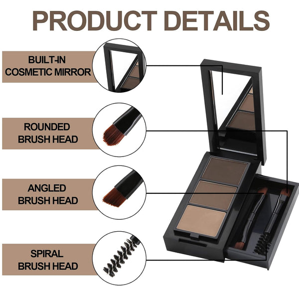 3 Colors Eyebrow Makeup Kit, Professional Brow Contour Palette, Waterproof Long-lasting Eyebrow Filler Powder with Mirror & Brow Brush #01