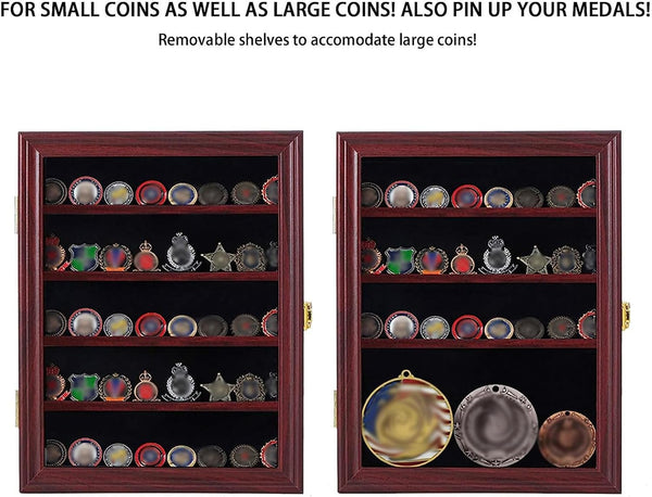 Jinchuan Military Challenge Coin Display Case Lockable Cabinet Rack Holder Shadow Box with Removable 2 Grooves Shelves and Anti Dust Door for