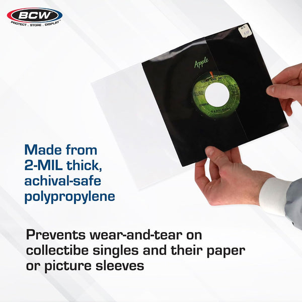 BCW 45 RPM Record Sleeves - 100 Count | Fits Standard 7 Inch Single 45s | Snug-Fit 2 Mil Polypropylene Outer Sleeves | Archival Plastic Covers for