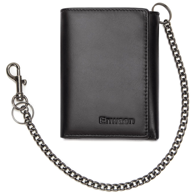 Mens Wallet with Chain, Genuine Leather Trifold Wallet RFID Blocking Anti-Theft 