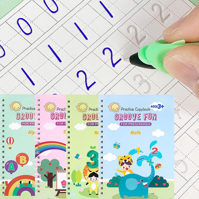 4 Pc Magic Grooved Writing Practice for Kids -Reusable Handwriting Practice Book,Magic Copybooks for Kids,Grooved Writin