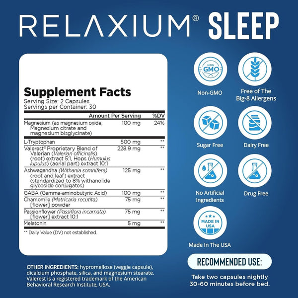 Relaxium Sleep Aid, Dietary Supplement, Non-Habit Forming, Supports Longer and Better Sleep, 60 Capsules, 30-Day Supply