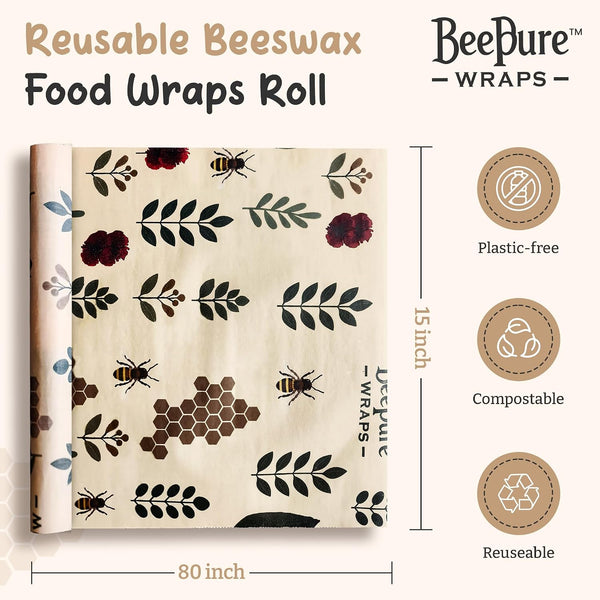 BeePure Reusable Beeswax Food Wrap - Eco-Friendly, Sustainable Wrap Roll (15"x80") - Plant & Bee Pattern for Food Storage BP-ROLL-NATURE