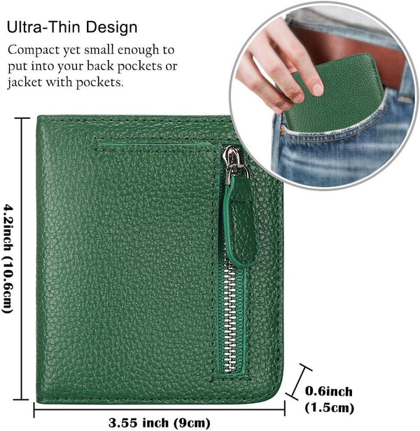 FUNTOR Small Wallets for Women, Ladies Small Compact Bifold Pocket RFID Blocking Genuine Leather Wallet for Women A:F Natural leather-Dark Green