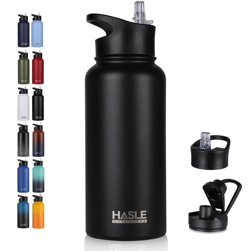 HASLE OUTFITTERS 32 Oz Insulated Water Bottle Stainless Steel Double Walled Vacuum Sports Water Bottle with 2 Lids (Straw and Spout Lid) for Gym