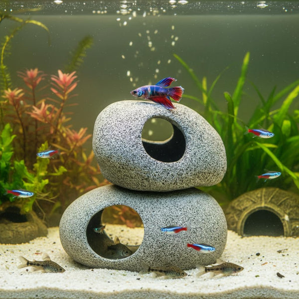 Aquarium Cave Decor - 2 PCS Natural Fish Tank Rocks for Betta Hideout and Shrimp Breeding, Hand-Polished Smooth Edges, PH Neutral, Ideal for 5-20