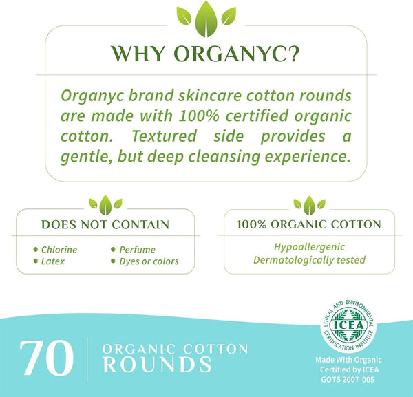Organyc 100% Organic Cotton Rounds - Biodegradable Cotton, Chemical Free, for Sensitive Skin (70 Count) - Daily Cosmetics. Beauty and Personal Care