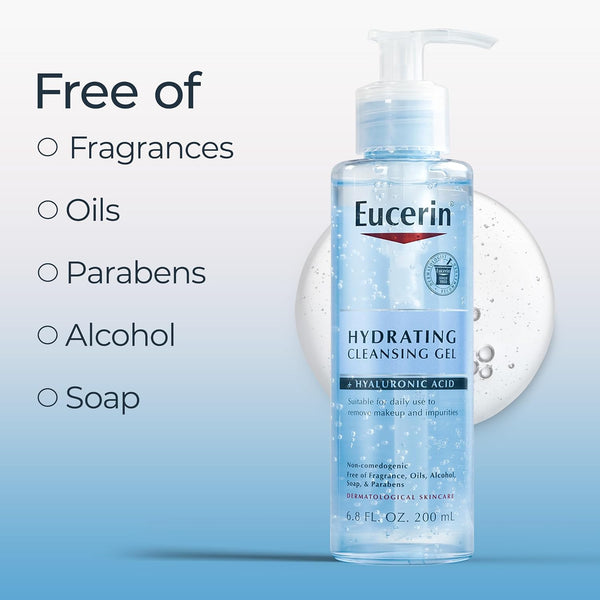 Eucerin Hydrating Cleansing Gel, Daily Face Wash and Makeup Remover Formulated with Hyaluronic Acid, 6.8 Fl Oz Bottle 6.8 Fl Oz (Pack of 1)