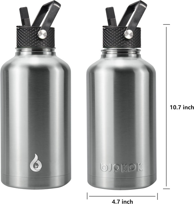 BJPKPK Half Gallon Insulated Water Bottles with Straw Lid, 64Oz Large Water Jug, Stainless Steel Bottles with 3 Lids and