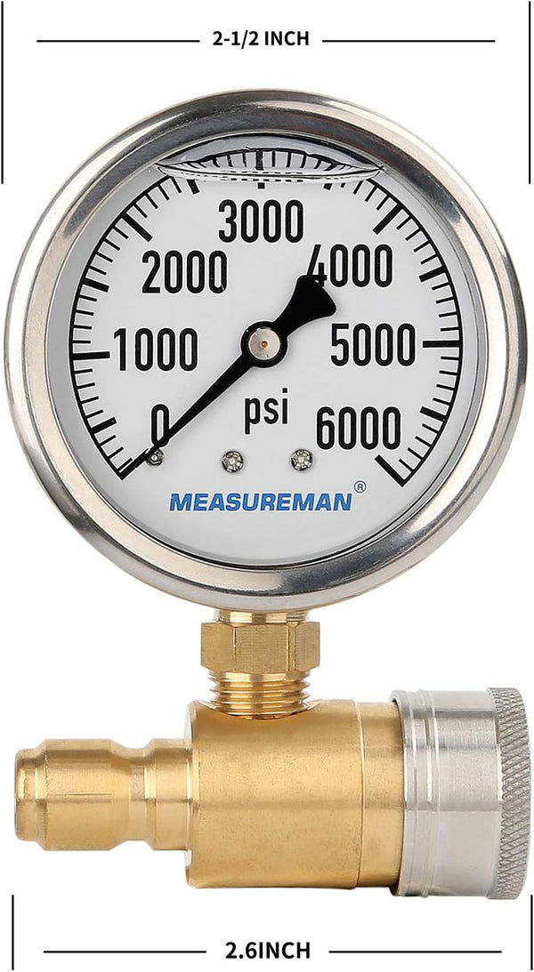 Measureman 2-1/2" Pressure Washer Gauge, Pressure Gauge Kit, 3/8 Inch Quick Connect, 0-6000 PSI, Glycerin Filled 0-6000 PSI (Brass)