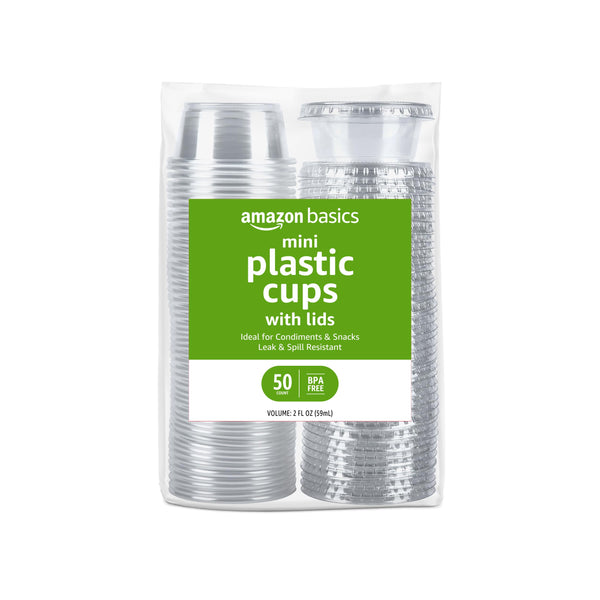 Amazon Basics Disposable Plastic To-Go Cups and Lids, Mini, 2oz, 50 Count, BPA Free, for Condiment, Salad Dressing, Sauces, Jello Shots 2 Ounces