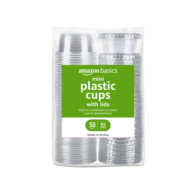 Amazon Basics Disposable Plastic To-Go Cups and Lids, Mini, 2oz, 50 Count, BPA Free, for Condiment, Salad Dressing, Sauces, Jello Shots 2 Ounces